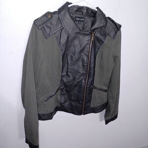 Black and Olive Green- Faux Leather Jacket - W Sz Large